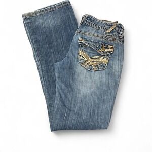 low rise Amethyst flare jeans with sequin detailing